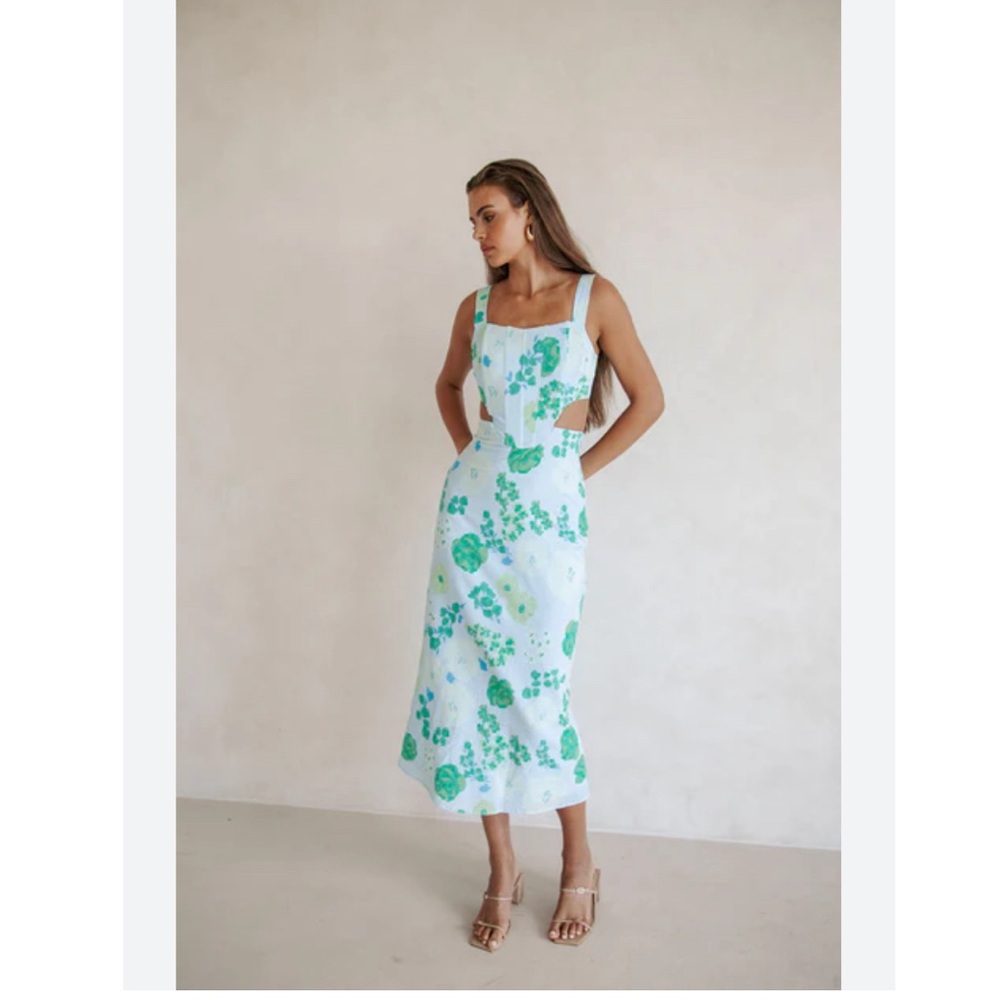 Sabo Skirt Blue and Green Floral Midi Dress - XS - Feliz Midi Dress